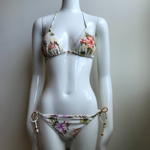 Billabong BLUE CRUSH era Vintage bikini natural floral beaded triangle low rise - Picture 1 of 9